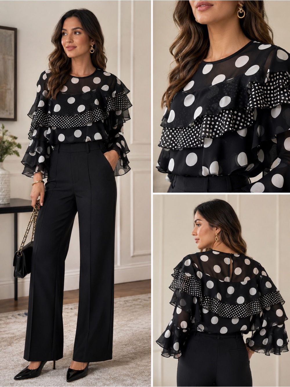 Cato Black & White Polka Dot Ruffle Blouse nwt